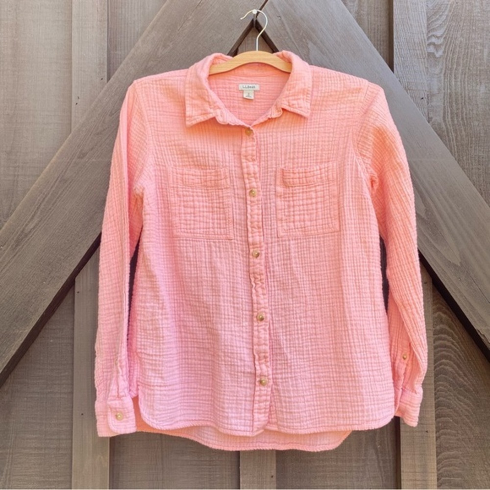 LL Bean Women's Pink‎ Cotton Gauze Button Down Long Sleeve Shirt SZ Small
